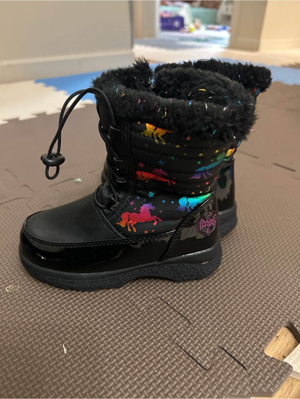Totes Black Kids Unicorn Snow Boots with Rainbow Accents